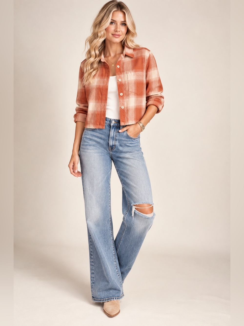 MOTHER Women’s XS Rust Cream Plaid Cropped Button-Up Shirt 100% Cotton